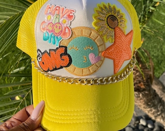 White Custom Trucker Hat Embroidered Patch Multi Patch Cap  display picture 2