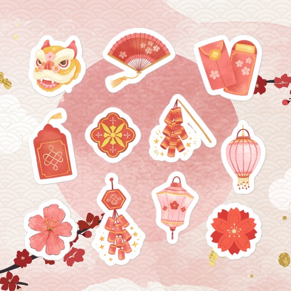 Lunar New Year Sticker Sheet Chinese New Year Vinyl Decals, Lantern Stickers, Red Envelope Sticker, Coffee Tumbler Waterproof Stickers