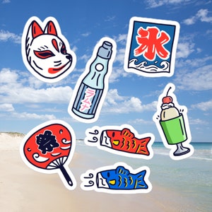 Cute Japanese Summer Vinyl Sticker Sheet | Kawaii Vinyl Decal Journal Sticker Planner Laptop Stickers | Kitsune Japanese Fan Ramune Japan