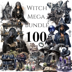 100 PCS Witch Clipart Bundle | PNG Gothic Witches | Pagan Witchcraft | Scrapbook | Junk Journal | Paper Crafts