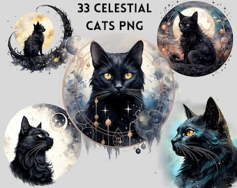 Puede incluir: Un conjunto de 33 ilustraciones digitales que presentan gatos negros en varias poses, rodeados de elementos celestiales como lunas, estrellas y planetas. Las ilustraciones están realizadas en un estilo acuarela con un toque caprichoso y mágico.