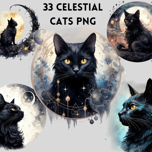 Celestial Cat Clipart: Magic, Mystical, Pagan PNG | Craft Machine Files, Sublimation, Wiccan, Cut Files