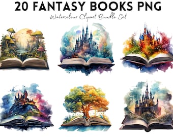 Puede incluir: Un conjunto de 20 ilustraciones de acuarela de libros de fantasía. Cada libro presenta una escena diferente, incluyendo castillos, bosques y criaturas mágicas. Las ilustraciones son perfectas para agregar un toque de fantasía a cualquier proyecto.