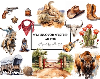 Acuarela Western Clipart - Paquete del Salvaje Oeste, Conjunto de Vaqueros, Rancho de Caballos de Texas / PNG / Descarga Instantánea / Uso Comercial