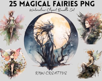 25 Magical Fairy Clipart |Transparent PNG Sublimation Bundle | Fantasy Watercolor Pixie | Commercial | Digital Download