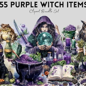 Purple Witch Clipart Bundle | PNG | Dark Magic Spell | Mystical Undead | Witchcraft | Pagan | Scrapbooking, Junk Journal