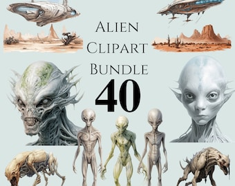 Paquete de imágenes prediseñadas alienígenas / OVNI, abducción alienígena, platillo volador, galaxia, Marte, planetas, nave espacial, descarga digital PNG