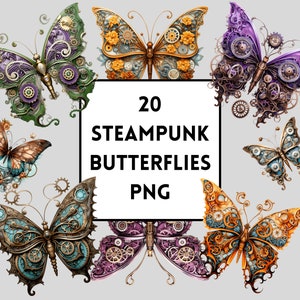 Steampunk Butterfly Clipart Bundle - Victorian Watercolor, PNGs, Butterflies, Junk Journal, Scrapbook, Digital Download