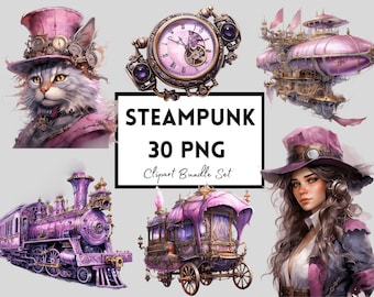 Steampunk Clipart Bundle | Pink Watercolor Victorian Fantasy | Instant Download PNGs | Digital Scrapbook | Junk Journal