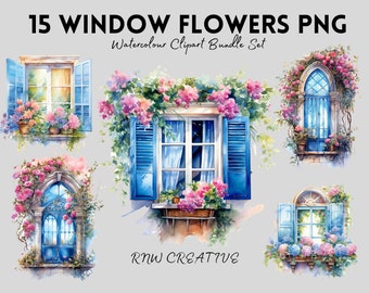Aquarel bloem venster clipart bundel-zomer bloemenfantasie-Instant Download-PNG