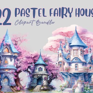Może przedstawiać: Cyfrowy pakiet clipartów z 22 pastelowymi domkami dla wróżek. Domki są niebieskie i białe z różowymi i białymi drzewami. Domki są ozdobione kwiatami i oknami. Domki są w fantazyjnym stylu.