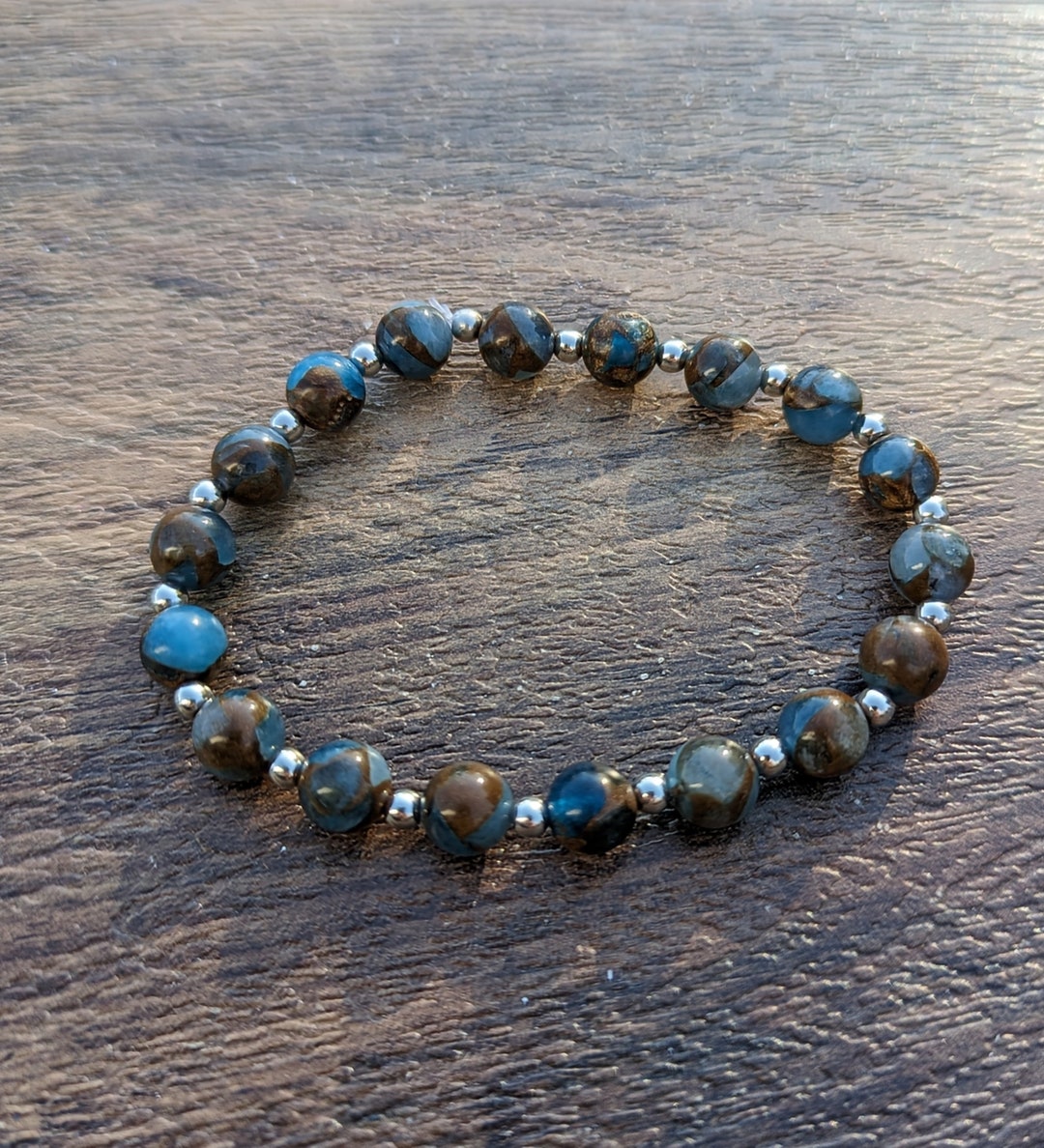 Aqua Blue Mosaic Quartz, 8mm Natural Stone Bead, Stretch Bracelet
