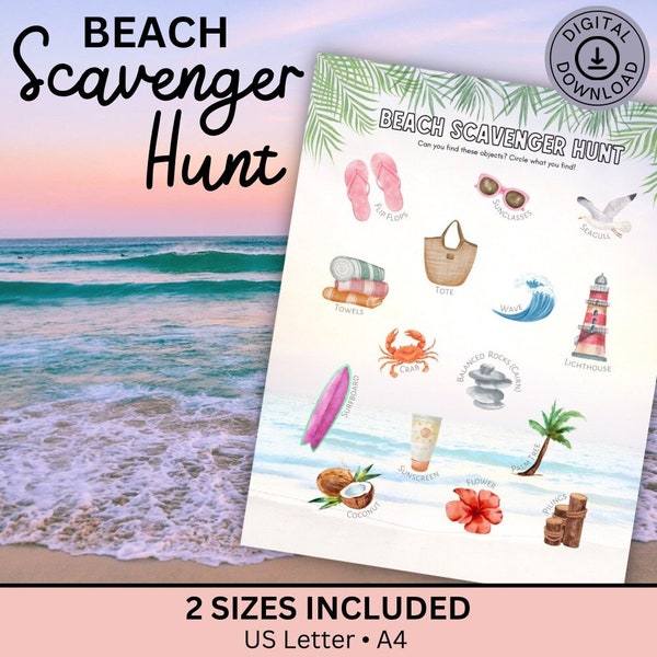 Beach Scavenger Hunt for Kids, Field Trip Game, Nature Walk Activity, Beach Birthday Games, Travel Games, Family Games, Earth Day Activity