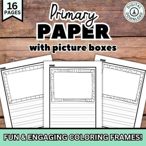 May include: Black and white printable primary paper with picture boxes. The paper has a name line and lined writing space. The picture boxes have a variety of black and white patterns that can be colored in.