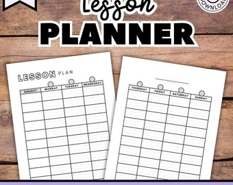 May include: Printable lesson planner with a black and white grid layout. The planner is designed for 6, 8, or 10 subjects and can be used for a 5 or 7 day week. The text "Lesson Planner" is in large black letters at the top of the page.