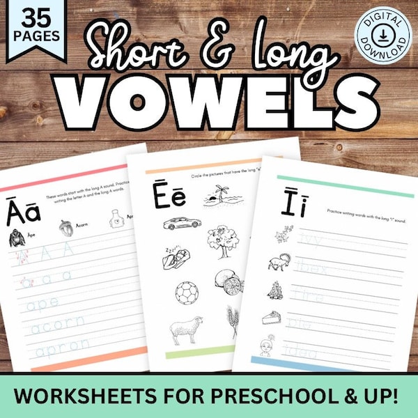 Printable Vowel Worksheets, Short and Long Vowel Sounds, Vowel Practice Activity, Kindergarten Reading Activities, Preschool, Educational