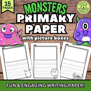 Páginas de Monstruos para Primaria, Escritura de Halloween, Papel de Carta con Cuadros de Imágenes, Papel de Carta Rayado, Jardín de Infancia, 1.er Grado, 2.º Grado