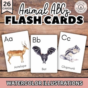 Watercolor Animal Alphabet Flash Cards for Kids, Preschool Flash Cards, Kindergarten Reading, ABCs Learning Cards, Printable Alphabet Cards