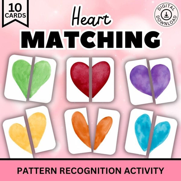 Heart Matching Game, Valentines Activity, Love Theme, Pattern Recognition, Educational Cards, Preschool, Kindergarten, Homeschool Printables