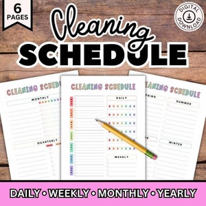 May include: Printable cleaning schedule with colorful rainbow stripes. The schedule includes daily, weekly, monthly, and seasonal cleaning tasks.