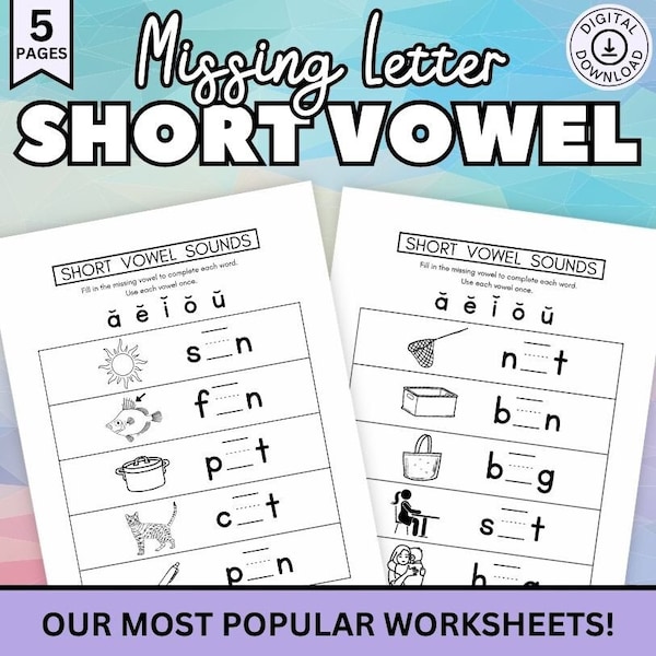 Short Vowel Worksheets, Missing Vowel Activity, Homeschool Educational Worksheets, Montessori Materials Kindergarten, First Grade, Preschool