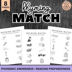 May include: Black and white printable worksheets for kids to practice rhyming words. The worksheets feature a variety of images, such as a cat, a duck, a snake, a truck, a house, a sled, a bell, a spoon, and a shell. The text on the worksheets says "Rhyming Match" and "Draw a line to connect the object names that rhyme."