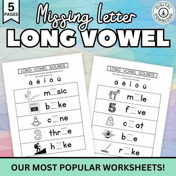 Long Vowel Worksheets, Missing Vowel Activity, Learning Vowels, Kindergarten, Preschool, Spelling, Language Arts, Kids Worksheets Toddler