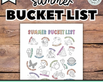 May include: A printable summer bucket list with 20 activities to do during the summer. The list includes activities like going for a hike, building a sandcastle, and eating watermelon. The list is designed to help people make the most of their summer.