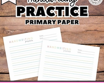May include: Two pages of handwriting practice paper with three lines per page. The paper is white with light blue and yellow lines. The title "Handwriting Practice Primary Paper" is at the top of the page. The words "Handwriting Practice" are at the top of each page.