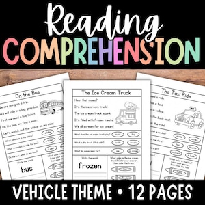 VEHICLE Reading Comprehension Worksheets, Kindergarten Reading, Reading Passages with Questions, First Grade Reading, Second Grade Reading