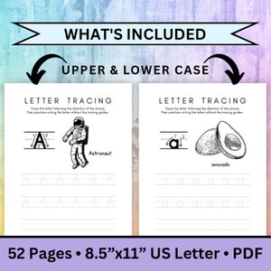 Pode incluir: Folhas de trabalho de tra&ccedil;ado imprim&iacute;veis em preto e branco para a letra A. As folhas de trabalho apresentam um astronauta e um abacate. O texto "What's Included" e "Upper & Lower Case" est&aacute; no topo da p&aacute;gina. O texto "Letter Tracing" est&aacute; no topo de cada folha de trabalho. O texto "52 Pages &bull; 8.5"x11" US Letter &bull; PDF" est&aacute; na parte inferior da p&aacute;gina.