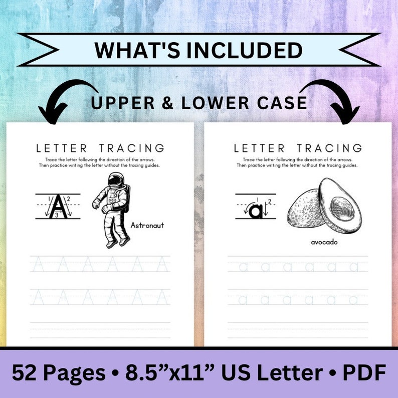 Pode incluir: Folhas de trabalho de tra&ccedil;ado imprim&iacute;veis em preto e branco para a letra A. As folhas de trabalho apresentam um astronauta e um abacate. O texto "What's Included" e "Upper & Lower Case" est&aacute; no topo da p&aacute;gina. O texto "Letter Tracing" est&aacute; no topo de cada folha de trabalho. O texto "52 Pages &bull; 8.5"x11" US Letter &bull; PDF" est&aacute; na parte inferior da p&aacute;gina.