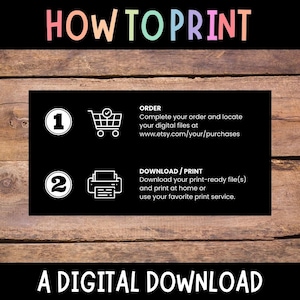 Puede incluir: Gr&aacute;fico en blanco y negro con instrucciones sobre c&oacute;mo imprimir una descarga digital. El gr&aacute;fico incluye un icono de carrito de compras, un icono de impresora y el texto "ORDER", "DOWNLOAD/PRINT" y "A DIGITAL DOWNLOAD".