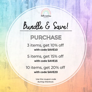 Pode incluir: Um gr&aacute;fico colorido com um arco-&iacute;ris e o texto "hello rainbow CREATIVE" em um c&iacute;rculo. O texto "Bundle & Save!" est&aacute; em um c&iacute;rculo maior com o texto "PURCHASE" abaixo. O texto "3 items, get 10% off with code SAVE10" est&aacute; abaixo da palavra "PURCHASE". O texto "5 items, get 15% off with code SAVE15" est&aacute; abaixo disso. O texto "10 items, get 20% off with code SAVE20" est&aacute; abaixo disso. O texto "Use the coupon code during checkout." est&aacute; na parte inferior do gr&aacute;fico.