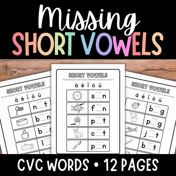 Missing Vowel Worksheets, Vowel Sounds, CVC Words, Short Vowels Activity, Homeschool, Preschool, Kindergarten, First Grade, Second Grade