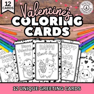 印刷可能なバレンタインデー カード、バレンタインデーのぬり絵カード、バレンタインのぬり絵アクティビティ、子供用バレンタイン カード、子供用バレンタイン カード