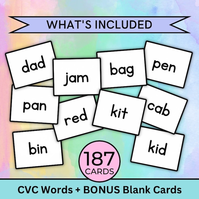 May include: A set of 187 white flash cards with black text. The cards feature CVC words, such as "dad", "jam", "bag", "pen", "pan", "red", "kit", "cab", "bin", and "kid". There are also blank cards included.
