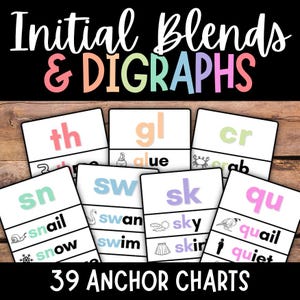 Beginblends en digraphs Ankerkaarten, beginblends, lezen kleuterschool, kleuterschool, eerste leerjaar, posters, klankkleuren, flitskaarten,