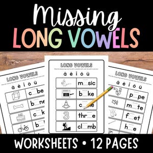 Puede incluir: Hojas de trabajo en blanco y negro para aprender los sonidos de las vocales largas. Las hojas de trabajo presentan imágenes y palabras con vocales faltantes. El título de las hojas de trabajo es "Missing Long Vowels" y el texto "Worksheets • 12 Pages" está en la parte inferior.