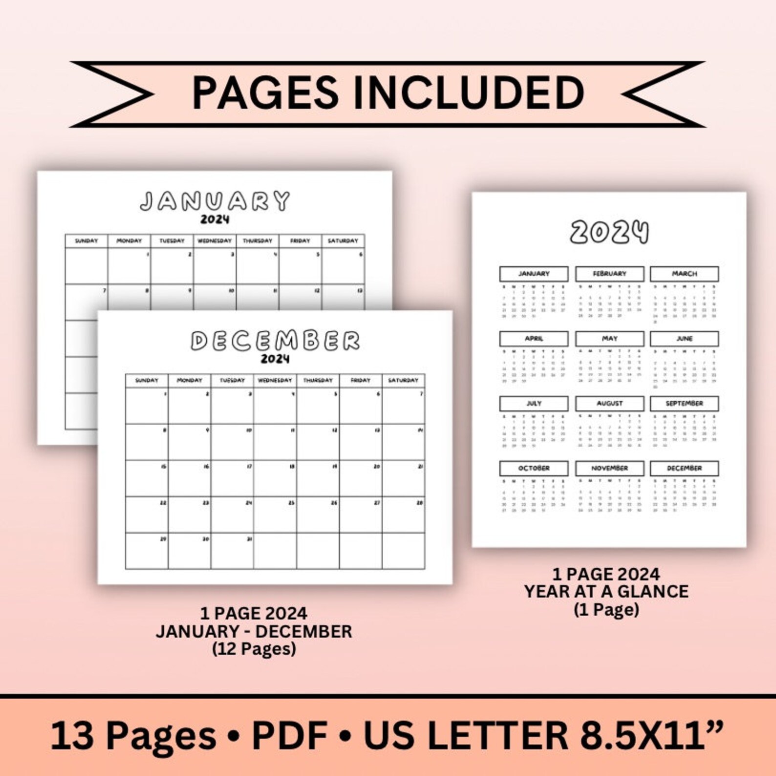 Printable 2024 Calendar, Horizontal Calendar 2024, 12 Month Calendar