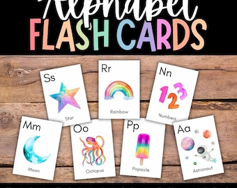 Alphabet Flash Cards, Alphabet Cards, ABC Flash Cards, Montessori Alphabet, ABC Cards, Preschool, Kindergarten, Watercolor Alphabet