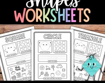 Op de afbeelding: Educatieve werkbladen voor het leren van vormen. De afbeelding toont drie werkbladen met de titels "Vierkant", "Cirkel" en "Driehoek". Elk werkblad bevat traceer- en kleuractiviteiten, met de tekst "Fun & Engaging • 14 Pages".