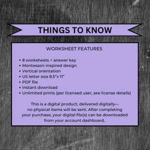 K&ouml;nnte beinhalten: Lila und wei&szlig;er Text auf einem Holzmaserungshintergrund. Der Text lautet "Things to Know" und "Worksheet Features". Der Text listet die Funktionen eines digitalen Produkts auf, darunter 8 Arbeitsbl&auml;tter, ein von Montessori inspiriertes Design, vertikale Ausrichtung, US-Briefformat, PDF-Datei, sofortiger Download und unbegrenzte Ausdrucke.