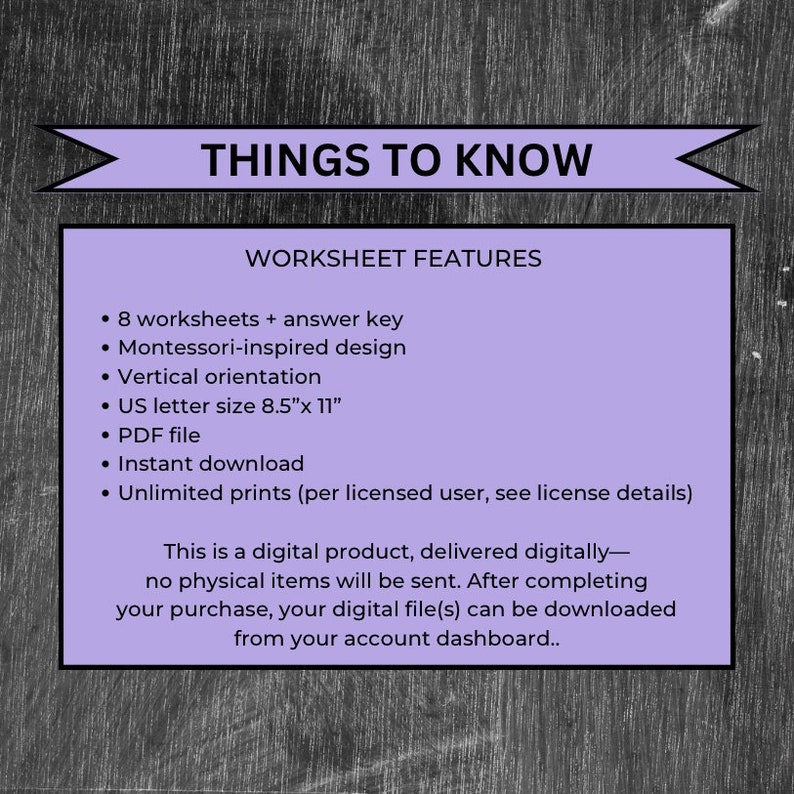 K&ouml;nnte beinhalten: Lila und wei&szlig;er Text auf einem Holzmaserungshintergrund. Der Text lautet "Things to Know" und "Worksheet Features". Der Text listet die Funktionen eines digitalen Produkts auf, darunter 8 Arbeitsbl&auml;tter, ein von Montessori inspiriertes Design, vertikale Ausrichtung, US-Briefformat, PDF-Datei, sofortiger Download und unbegrenzte Ausdrucke.