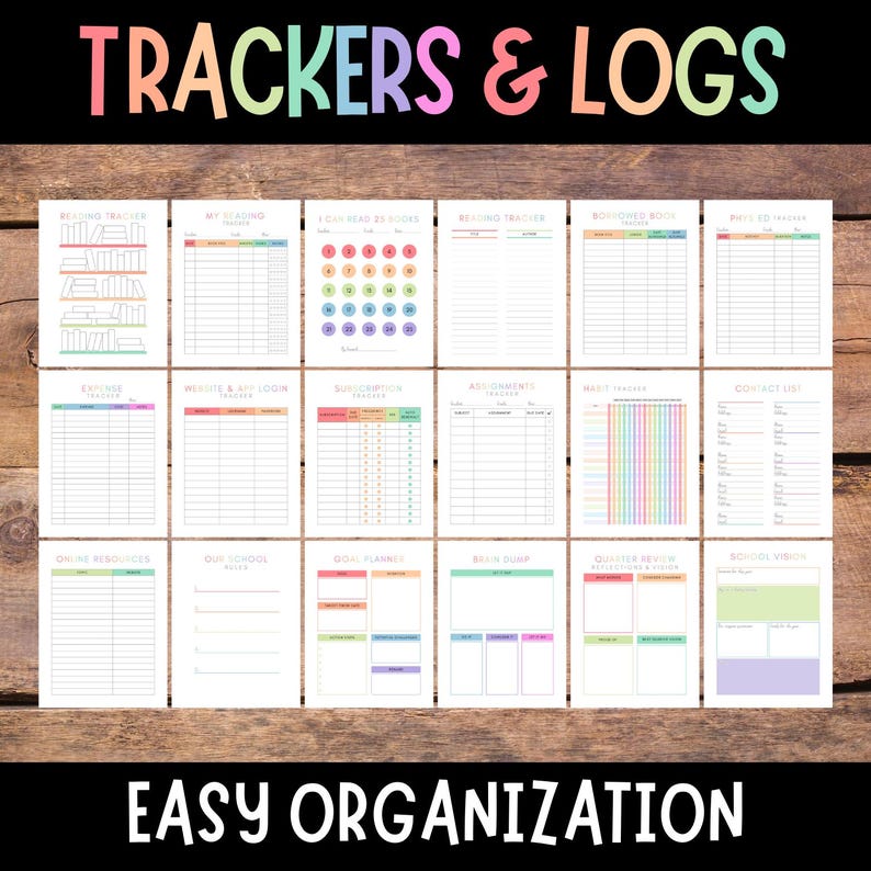 May include: A set of 16 printable trackers and logs for easy organization. The trackers are designed with a rainbow color scheme and include titles such as "Reading Tracker", "Website & App Login", "Goal Planner", and "School Supplies".