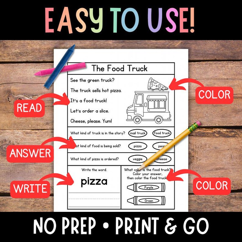 May include: A printable worksheet for kids featuring a food truck. The worksheet includes a reading passage, questions to answer, a word to write, and a coloring activity. The text on the worksheet reads "The Food Truck".