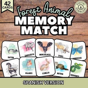 Pode incluir: Um conjunto de 42 cartas de memória coloridas com ilustrações de aquarela de animais da floresta com nomes em espanhol. As cartas incluem um morcego, um coelho, uma cobra, um esquilo, uma borboleta, um pássaro, uma raposa, um guaxinim, um rato, uma doninha e um gambá.