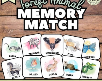 SPANISH Animales Memory Match, Español Card Game, Pattern Recognition (PDF)