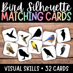 Emparejamiento de aves, Juego de aves, Juego de cartas de aves, Emparejamiento de siluetas, Juego de emparejamiento de primavera, Emparejamiento de patrones, Preescolar, Jardín de infancia, Primer grado