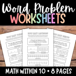 Word Problem Worksheets, Kindergarten Math, Math Equations, Ten Frame, Number Line, Counting, Subitizing, Number Sense, Math Within 10